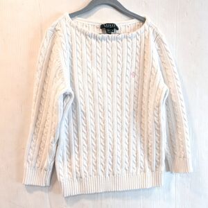 LAUREN RALPH LAUREN Women's White  Cable Knit Boatneck Sweater Size Medium